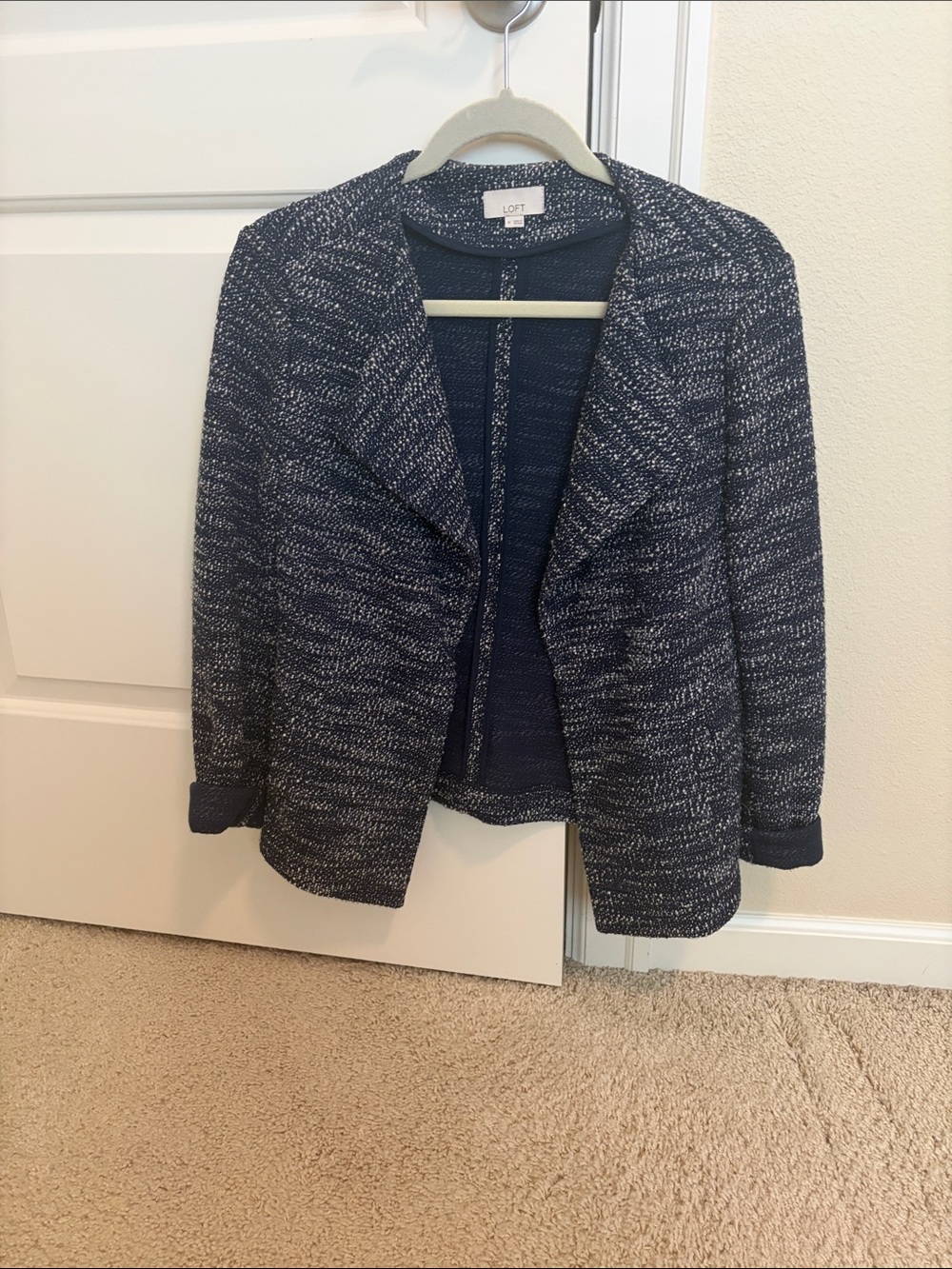 LOFT Navy Marled Open-Front Knit Cardigan Blazer